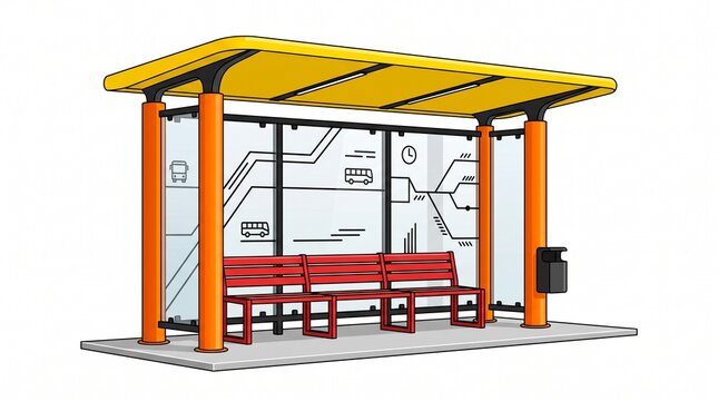Modern public bus stop shelter with orange pillars and red bench on white background
