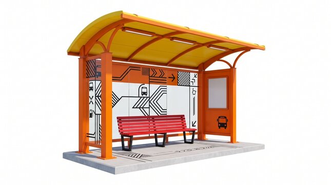 Modern orange bus stop shelter with red bench isolated on white background