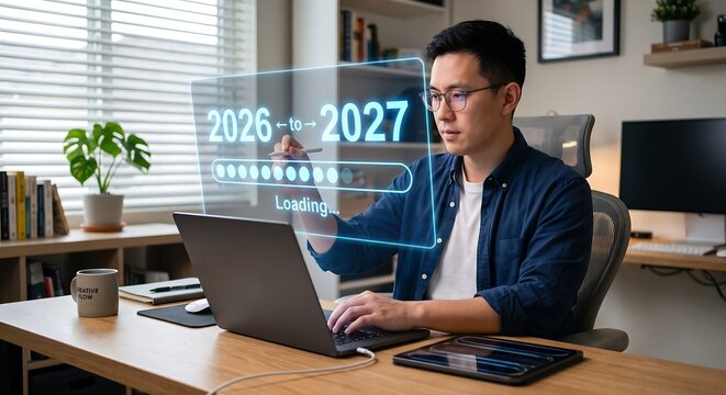 Man working on laptop with virtual 2026 to 2027 new year loading bar hologram concept
