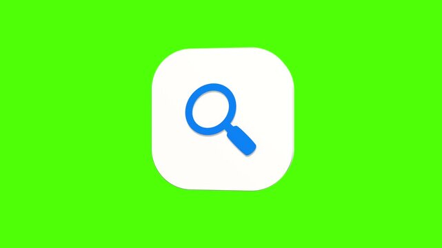 3D animated glass search icon on a white rounded card with a green screen background. Smooth loop motion, perfect for mobile app UI, find query, and video editing elements.
