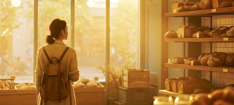 Solo traveler exploring a charming neighborhood bakery at sunrise, with fresh artisan bread on wooden shelves and warm golden light creating an authentic local atmosphere
