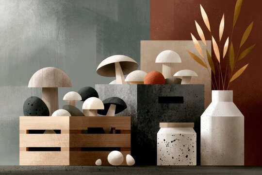 Minimalist still life featuring mushrooms inside wooden crates with jars and vase of foliage against split textured background