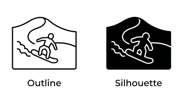 Sandboarding Icon: An outline and silhouette graphic shows a person sandboarding down a sand dune, embodying adventure and extreme sports.