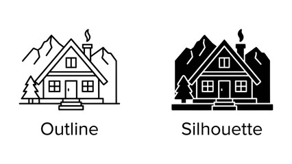 Fototapeta premium Mountain Cabin Icons: Two contrasting icons depict a charming mountain cabin nestled amidst trees and jagged peaks, presented in both an outline and a silhouette style for versatile design use.