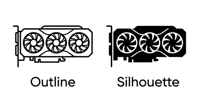 Graphics Card Icon Set: A graphic design featuring outline and silhouette illustrations of a modern computer graphics card with three cooling fans, representing digital power and technology.