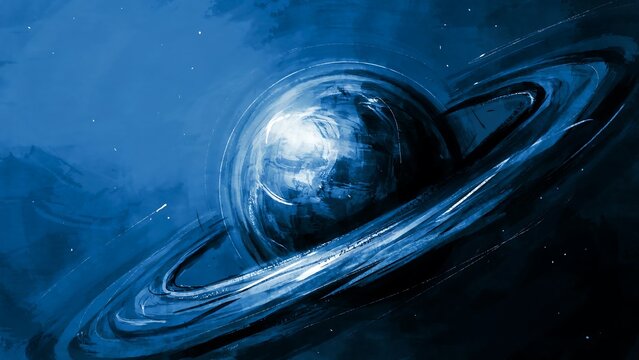 Ethereal cosmic scene featuring a planet surrounded by glowing rings in deep space atmosphere