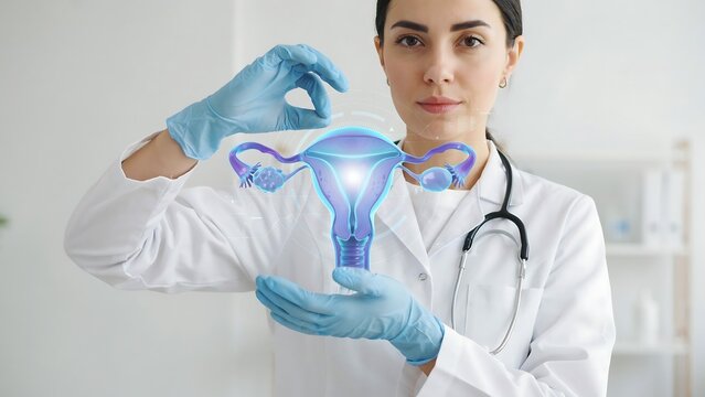 Female doctor demonstrating anatomical model of uterus and ovaries with blue gloves in medical setting