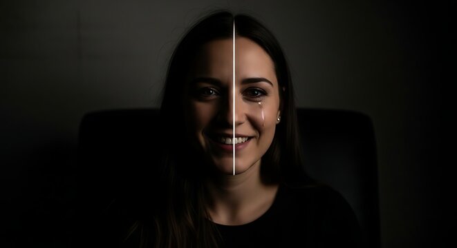 Conceptual portrait of a woman displaying duality with a smiling face and a crying eye split by a vertical line in a dark studio setting