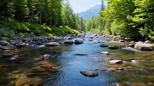 Clear mountain stream flowing over rocks through lush green forest with distant peak visible