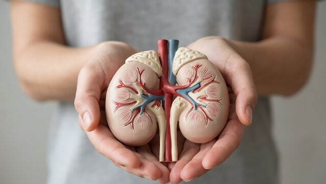 Hands holding detailed anatomical model of human kidneys with blood vessels and ureter clearly displayed