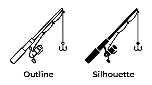 Fishing Rod Icon: A clear illustration of a fishing rod with a reel and hook, presented in both outline and silhouette versions, symbolizing the activity of fishing and outdoor recreation.