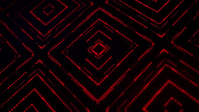 Abstract red particle background with glowing concentric squares