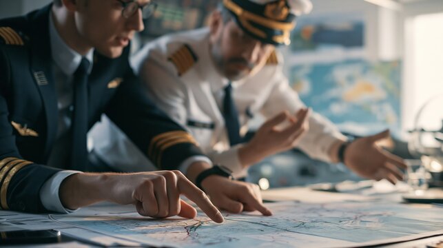 Airline pilot pointing at a navigation chart while briefing a co-pilot before a flight. Concept of aviation flight briefing.