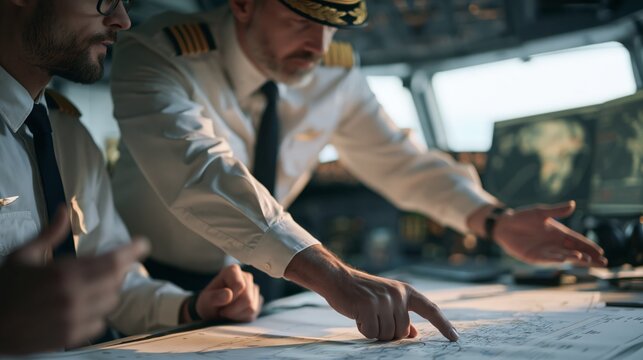 Airline pilot pointing at a navigation chart while briefing a co-pilot before a flight. Concept of aviation flight briefing.