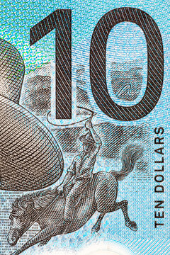 Australian 10 dollar polymer banknote illustrating a horse rider with a whip. Money of the world.