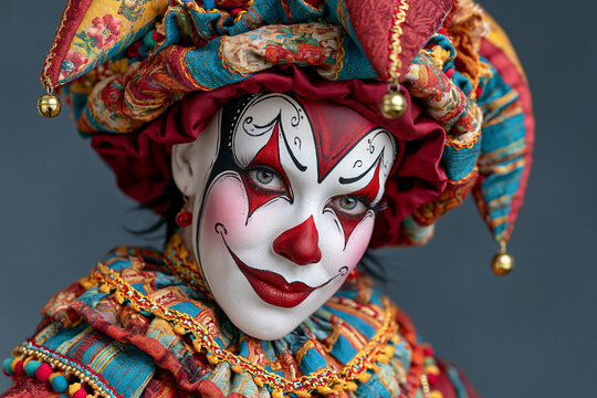 Jester costume portrait makeup festival circus carnival performer art