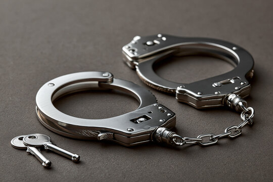 Metal handcuffs and keys on dark surface close up law enforcement crime