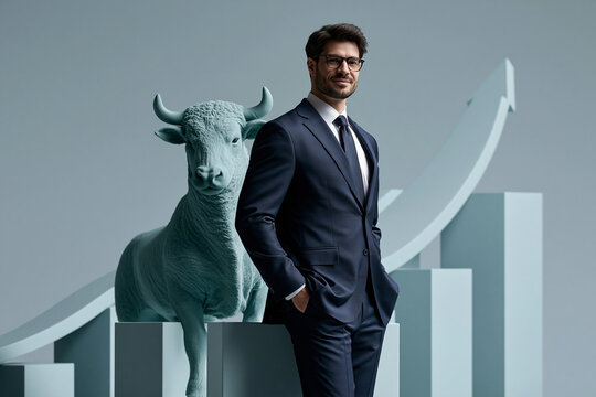Confident businessman with bull market growth chart for financial success