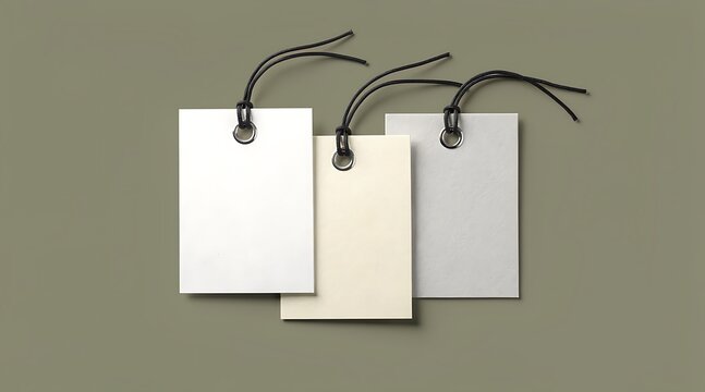 Three blank price tags with strings on a plain background.