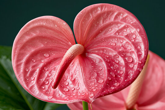 Pink anthurium flower macro with water drops and dramatic mood