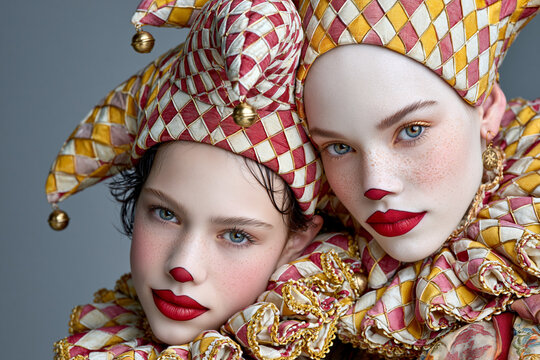 Jester girls in vintage harlequin hats with artistic clown makeup