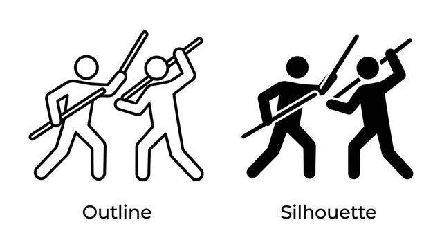 Martial Arts Duel: Two figures engaged in a dynamic martial arts duel, depicted in both outline and silhouette forms, ready to strike with their staffs.