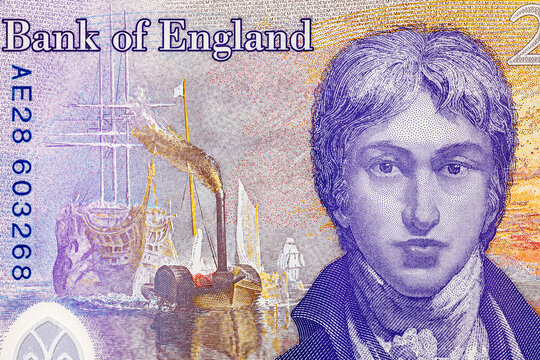 British 20 pound polymer banknote featuring the portrait of artist Joseph Mallord William Turner and his painting The Fighting Temeraire. Currency of England. Money of Europe.