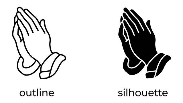Praying Hands Outline and Silhouette: A clear visual representation of hands clasped together in prayer, presented in both a clean outline and a bold silhouette, symbolizing faith and devotion.