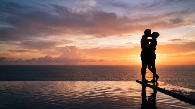 Romantic Couple Kissing in Silhouette at Infinity Pool Edge During Dramatic Ocean Sunset, Intimate Honeymoon Escape Under Colorful Cloudy Sky