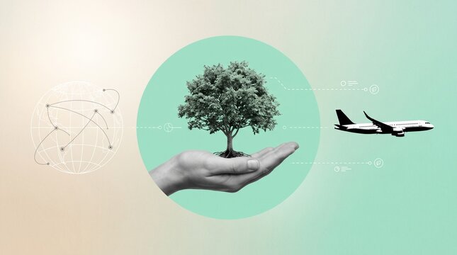 Sustainable travel concept vector illustration showing a hand holding a green tree with an airplane flying near a global network connection background