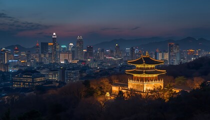 Naklejka premium Seoul South Korea Night Cityscape with Traditional Korean Palace and Modern Skyline, Illuminated Urban Architecture, Travel Destination and Cultural Heritage