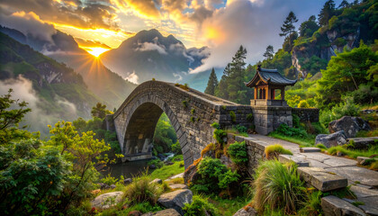 Naklejka premium Ancient stone bridge crossing a misty mountain valley with traditional Asian pavilions, waterfalls and golden sunset light, creating a peaceful and majestic scenic landscape.