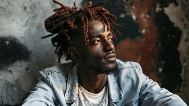A young man with dreadlocks wearing a denim jacket and looking sideways