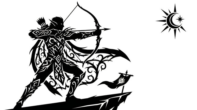 Fantasy elf archer silhouette, tribal warrior with bow and arrow, mythical hunter character in black and white, celestial moon and sun icon