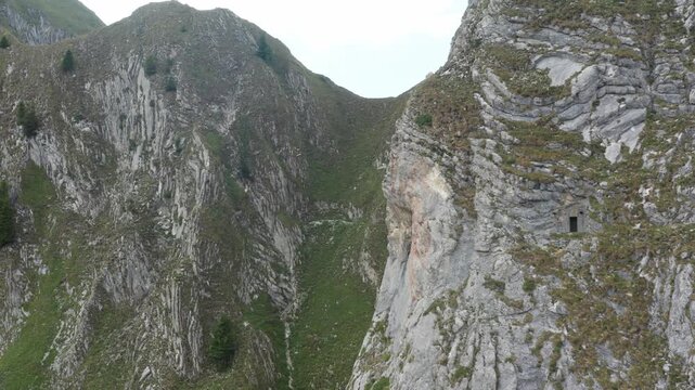 Aerial drone view of A2081 Infantry Fort Kummli, Sperrstelle Kummli, a Second World War Swiss rock fortress in the cliffs of Chummlispitz, Gantrisch range, Bernese Oberland, Switzerland