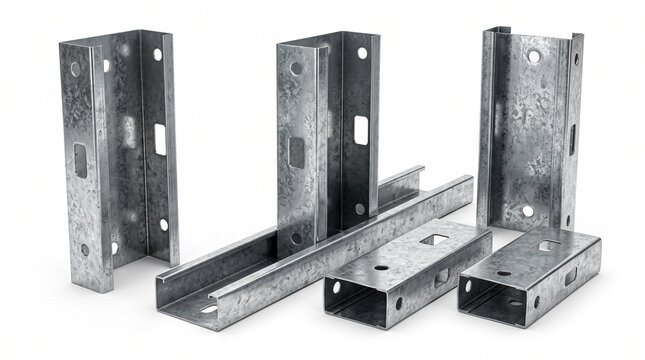 Galvanized steel framing channels and studs with pre-punched holes and slots. Used for metal framing, drywall support, and structural bracing in construction.