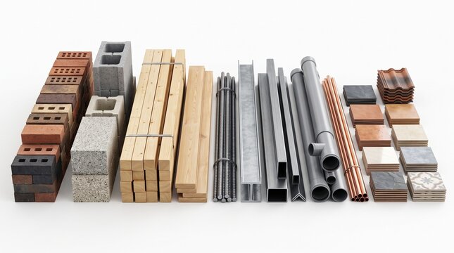 A lineup of common construction materials: bricks, concrete blocks, lumber, rebar, steel beams, PVC and copper pipes, plus tiles and roof shingles. Used for building structures and finishes.