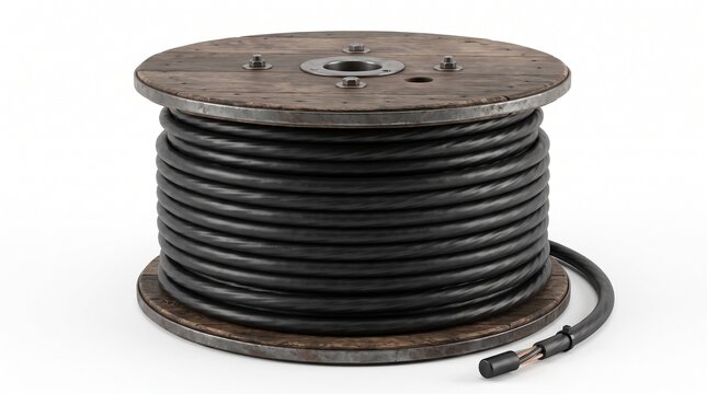 A large wooden cable spool with metal edges holding thick black electrical cable. Copper wires visible at the end. Used for power distribution in construction and industrial projects.