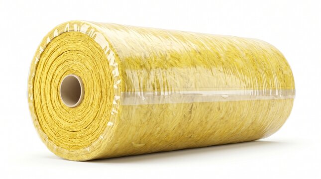A large roll of yellow fiberglass insulation wrapped in clear plastic. Fluffy, fibrous texture on a cardboard core. Used for thermal and sound insulation in walls, ceilings, and roofs.