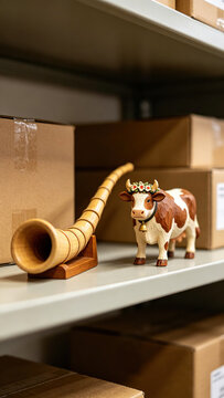  Carved wooden alpine horn and flower-crowned cow figurine on metal shelf with cardboard boxes