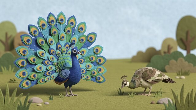 Cut felt illustration of a male peacock displaying his tail feathers to a peahen in a grassy field with copy space, AI generated