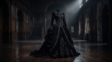 Naklejka premium Luxury Black Velvet Gothic Halloween Ball Gown in Victorian Editorial Style