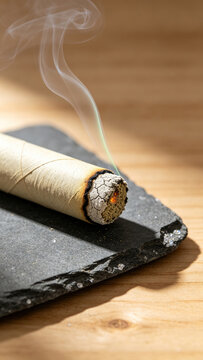 Lit moxa stick with ash and ember on slate coaster, smoke rising over wood.