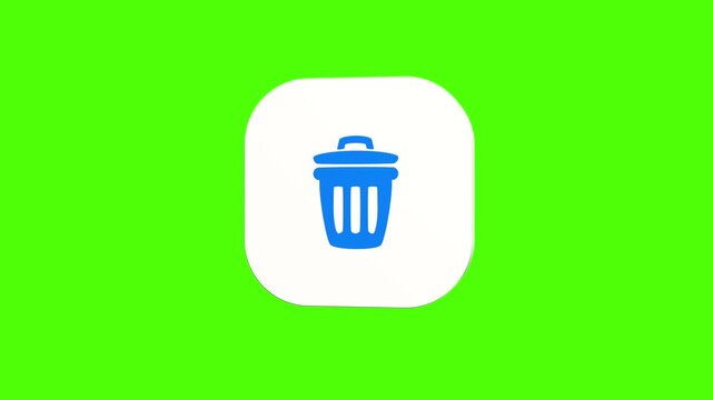 3D animated trash bin delete icon on a white rounded card with a green screen background. Smooth loop motion, perfect for mobile app UI, remove file, and video editing elements.