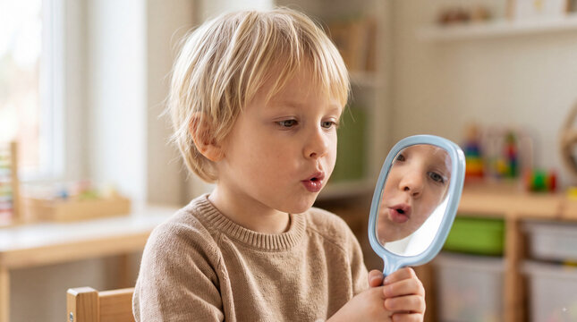 Young child practicing speech sounds with handheld mirror