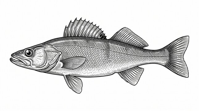Vintage walleye fish illustrations. Vintage etching art prints. Retro detailed monochrome drawings. Entomology style. Sketch anatomical anatomy. Old school style engraving. Old school design