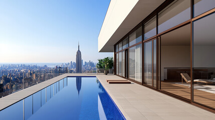Fototapeta premium Luxurious penthouse terrace with rooftop pool and stunning city skyline view