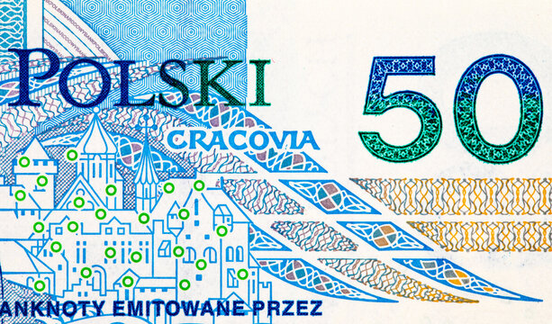 50 Polish Zloty banknote showing the denomination numeral 50 and a panorama of the city of Krakow. Money of Europe.