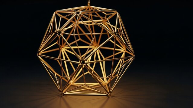 Golden Geometric Shape, Abstract Sculpture, Wireframe Structure, 3D Rendering