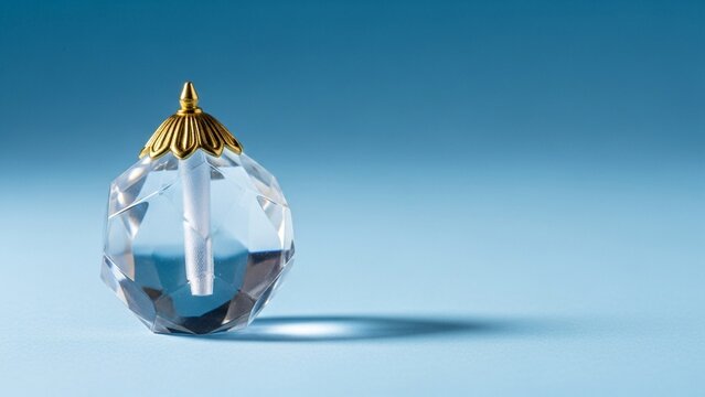 Crystal Perfume Bottle with Ornate Gold Cap on Blue Background